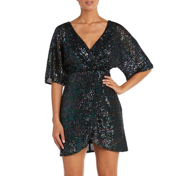 MORGAN & CO Juniors Black Sequined Elbow Sleeve Surplice Neckline Mini Dress - Picture 1 of 15